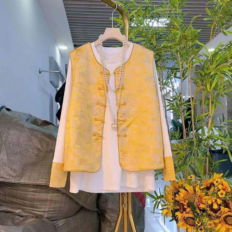 大码女装2025春季新品胖妹妹国潮风韵味提花盘扣马甲打底衫两件套