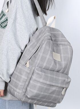 2024年秋季格子帆布背包女中学生初中生双肩包大学生简约可爱书包
