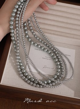 真多麻银灰色珍珠项链女经典轻奢法式高级感锁骨链颈链夏天清冷感