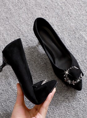 高跟鞋女细跟202l1春季新款3cm小跟单鞋5cm软底水钻绒面黑色工鞋