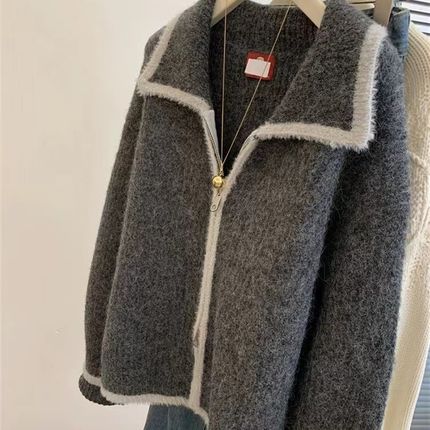 欧货高级感灰色浣熊绒翻领毛衣外套秋冬软糯O慵懒濮院拉链针织开
