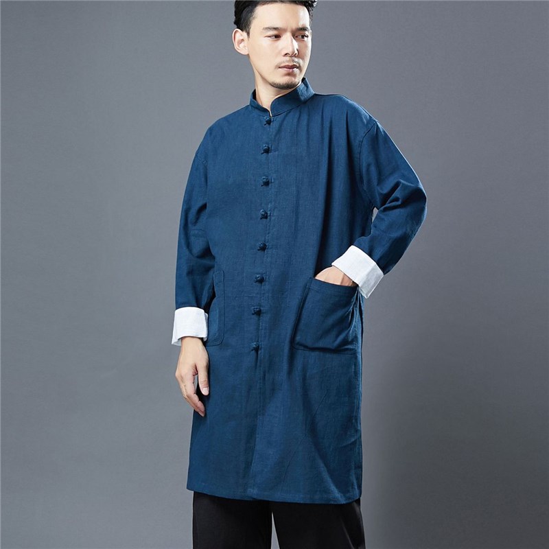 中国风秋季中长款风衣男装复古汉服苎麻立领挽袖S盘扣唐装宽松外