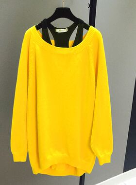 2024春秋季新款韩版宽松黄色毛衣女装中长款长袖一字领纯色针织衫