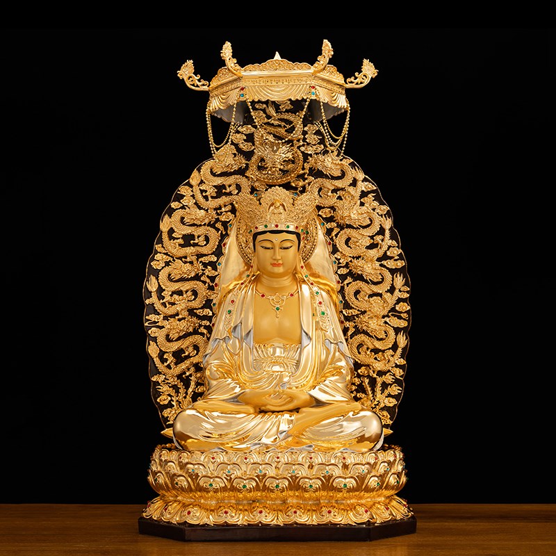 纯铜鎏金毗卢观音佛像摆件家用坐莲观H音观世音菩萨铜雕像居家供