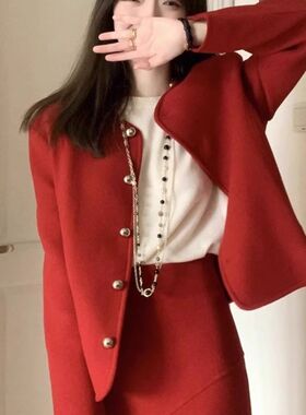 结婚订婚回门敬酒服本命年新年战袍平时可穿红色毛呢连衣裙两件套