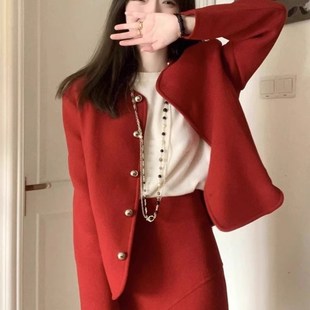 结婚订婚回门敬酒服本命年新年战袍平时可穿红色毛呢连衣裙两件套