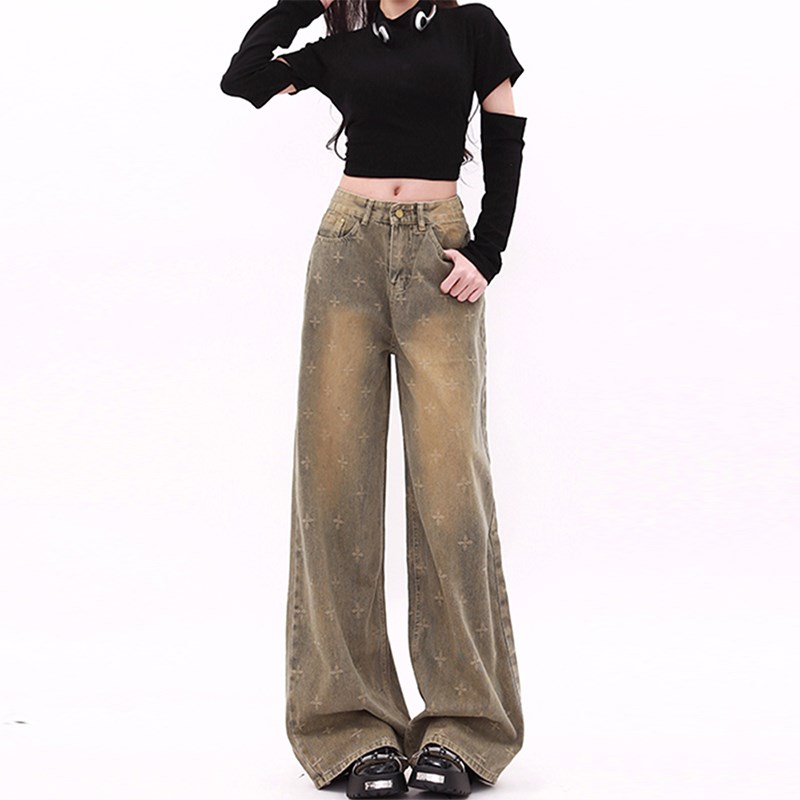 大码女装设计感十字星印花牛仔裤女胖mm美式街头做旧直筒阔腿裤子