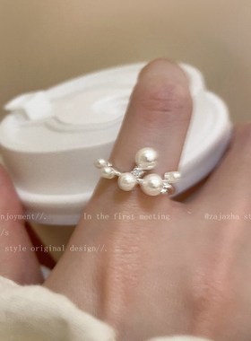法式珍珠锆石开口戒指女轻奢高级感食指戒气质小众设计可调节指环