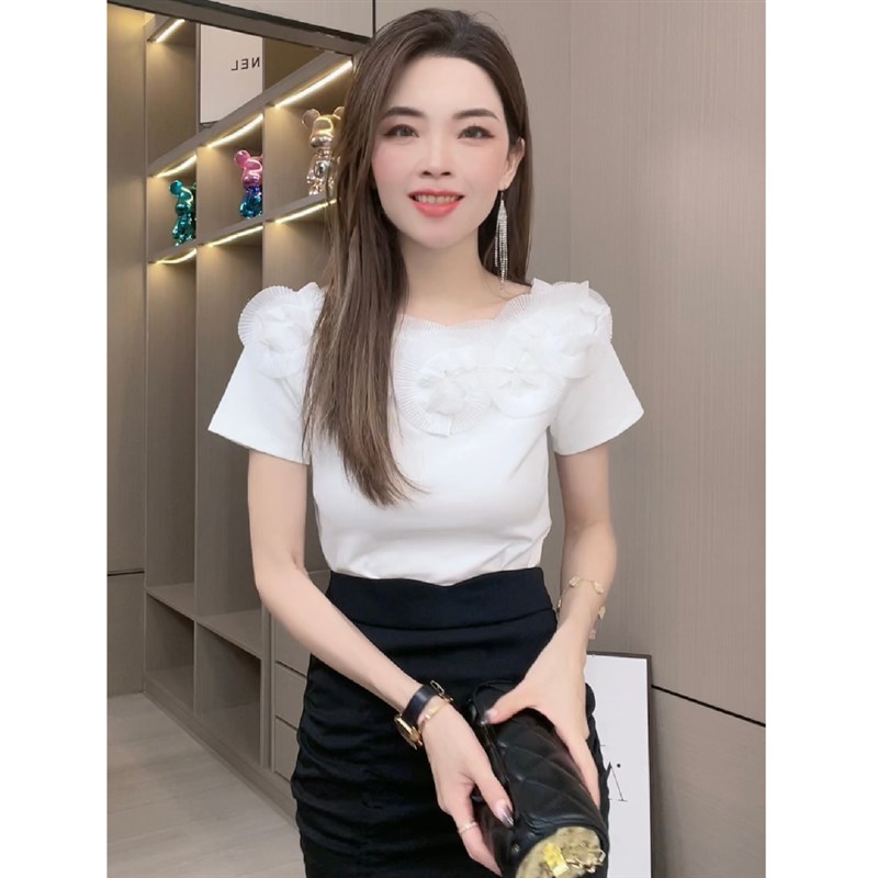 欧货正品2025夏新款立体花露肩锁骨一字肩短袖T恤女高级感上衣