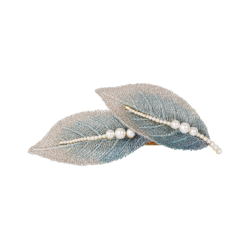 刺绣树叶发夹女夏后脑勺人工珍珠一字夹优雅复古夹子固定头发