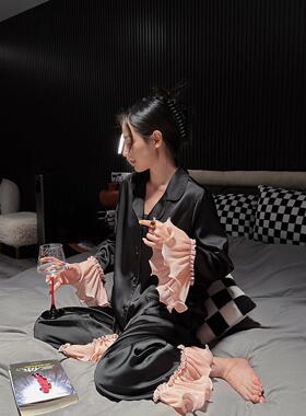 doubleoo冰丝贡缎睡衣女木耳边春季新品宽松套装甜美氛围感家居服