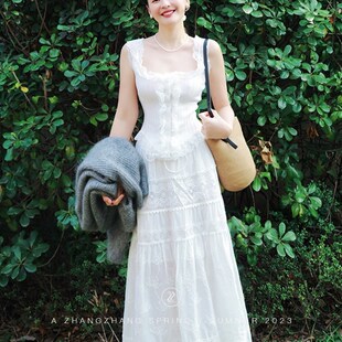 白色蕾丝连衣裙女春季2024新款中长款a字裙子高腰显瘦大摆裙伞裙