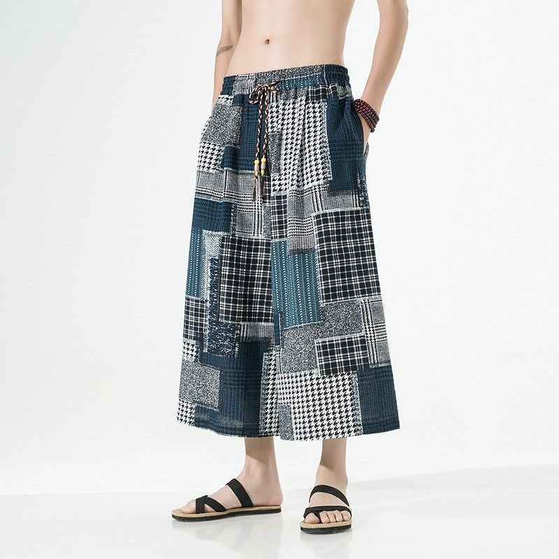 民族风冰丝七分裤子男夏季薄款八分阔腿裤潮牌大码九分亚麻休闲裤