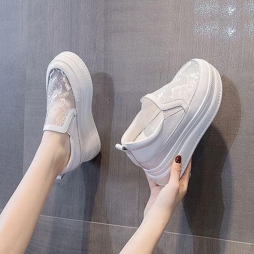 2024夏季蕾丝网面透气内增高8cm女鞋厚底懒人鞋一脚蹬百搭小白鞋