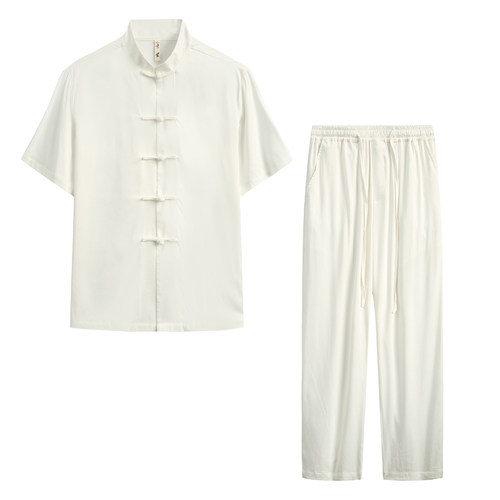 中国风唐装男套装夏季短袖衬衫铜氨丝男士中国风短袖立领冰丝上衣