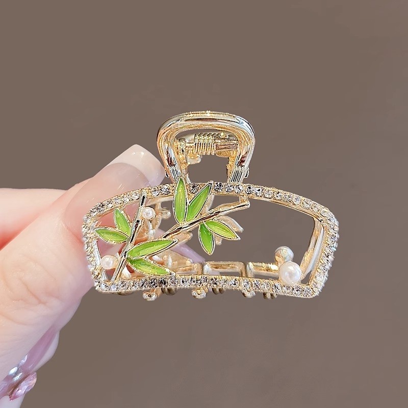 高级感新中式竹叶抓夹女气质珍珠水钻发夹后脑勺半扎发卡盘发头饰