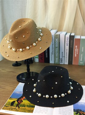 帽子女2021新款时尚黑色镶珍珠个性女大檐太阳帽遮W阳帽草帽街头