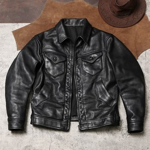 门多萨美式复古RL皮衣1.5mm无涂植鞣牛皮夹克翻领工装真皮外套