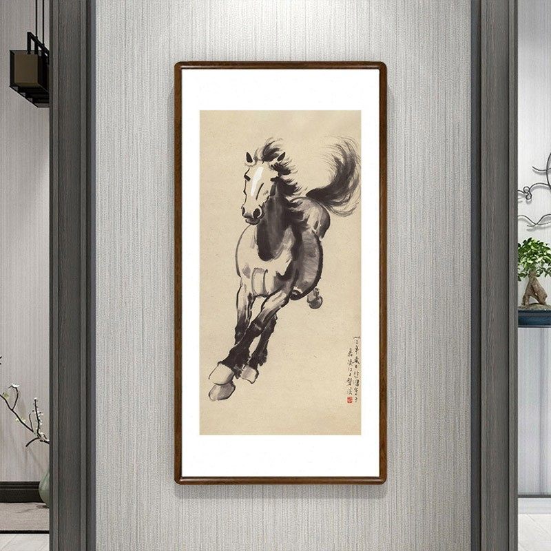 徐悲鸿字画奔马图已装裱有框新中式客厅玄关装饰画办W公室竖版挂