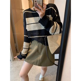爱情魔鬼鱼 条纹撞l色圆领长袖针织衫女2024早秋新款宽松毛衣上衣