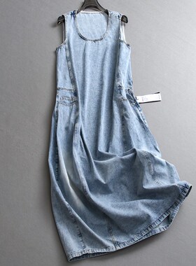 蓝色水洗磨白侧边口袋宽松纯棉花苞裙圆领女背心裙牛仔连衣裙Z639