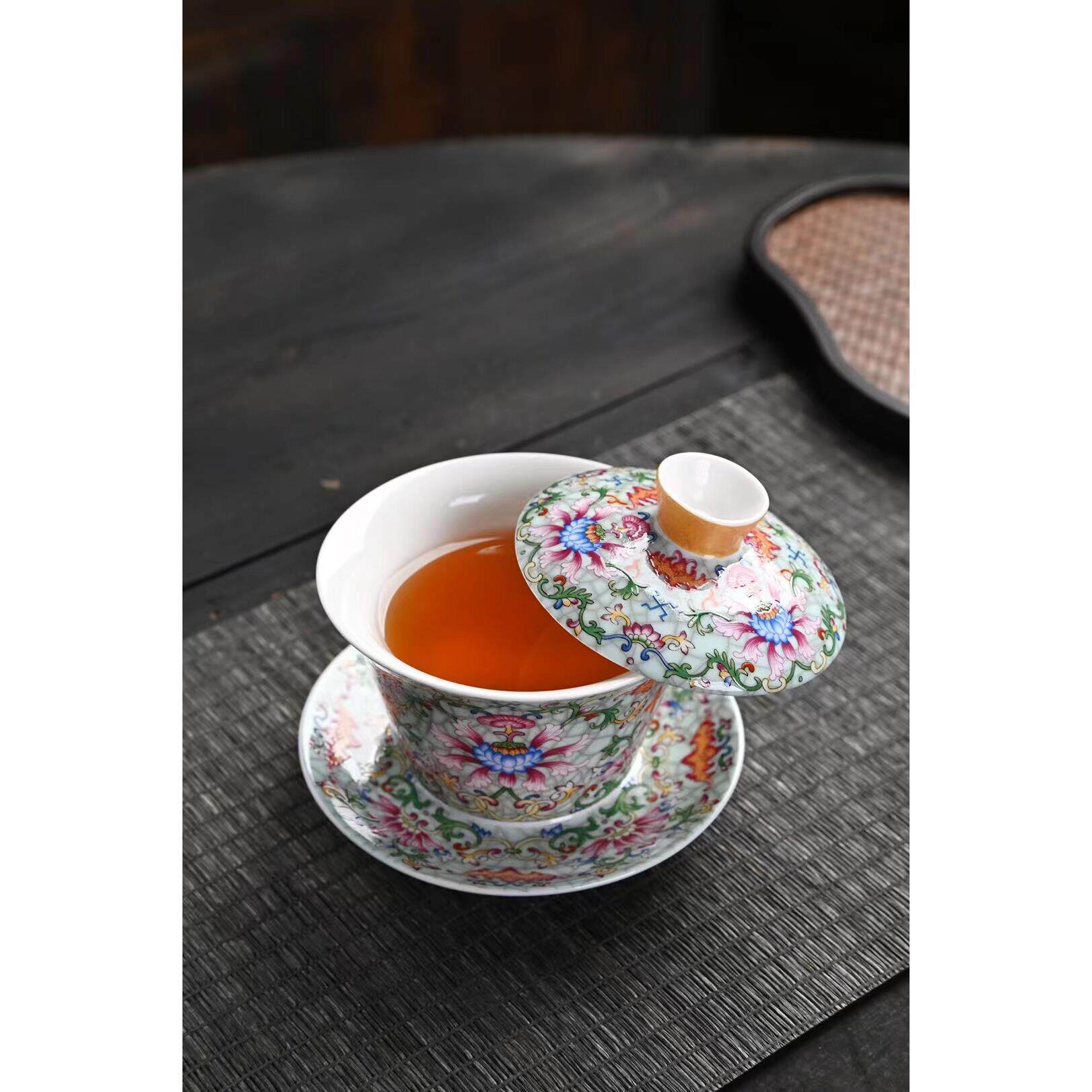 珐琅彩三才盖碗青花功夫茶具泡茶单个茶杯中国风茶碗新款敬茶碗