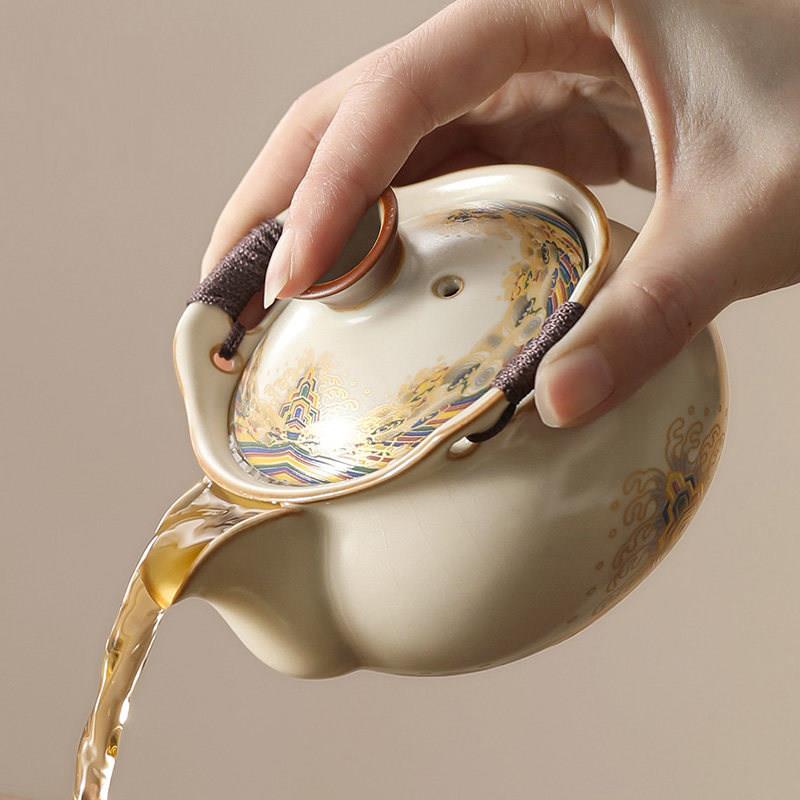 景德镇手抓壶泡茶盖碗茶杯单个高档汝窑茶碗功夫茶具一人饮茶壶图片