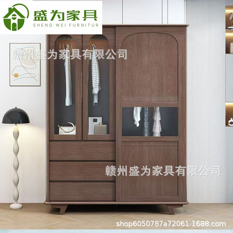 北欧1.6米实木推拉门衣柜 小户型90cm储物收纳柜家用卧室实木衣橱