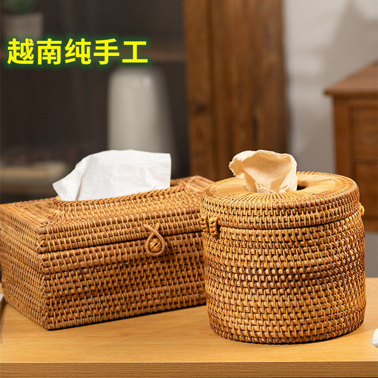 越南秋藤编纸巾盒餐厅家用抽纸盒盒编织纸巾圆筒餐纸盒手工编织