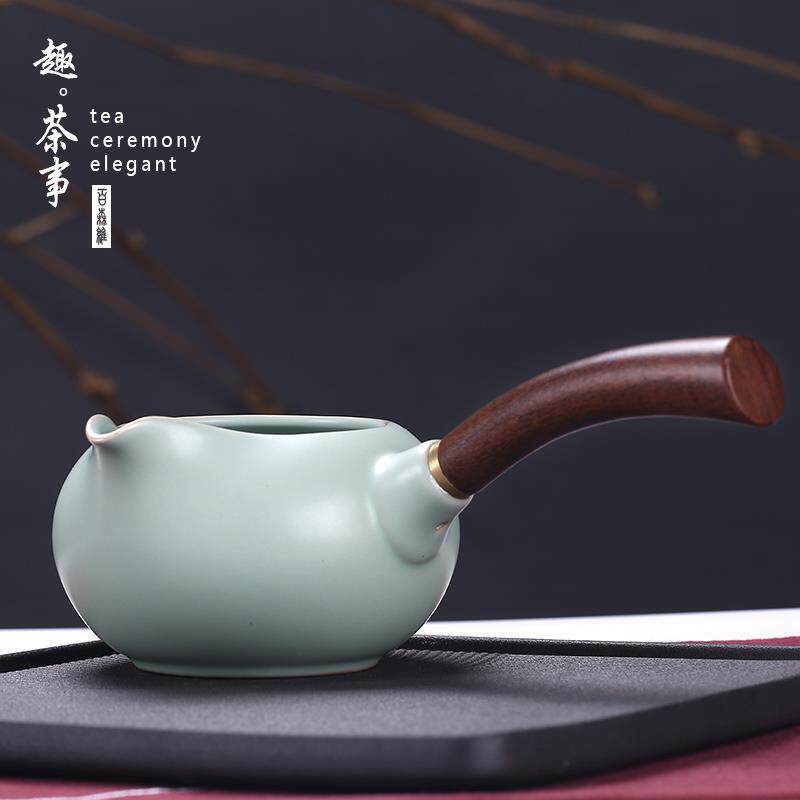 日式汝窑侧把公道杯手柄分茶器木把泡茶杯陶瓷公杯茶海茶具配件
