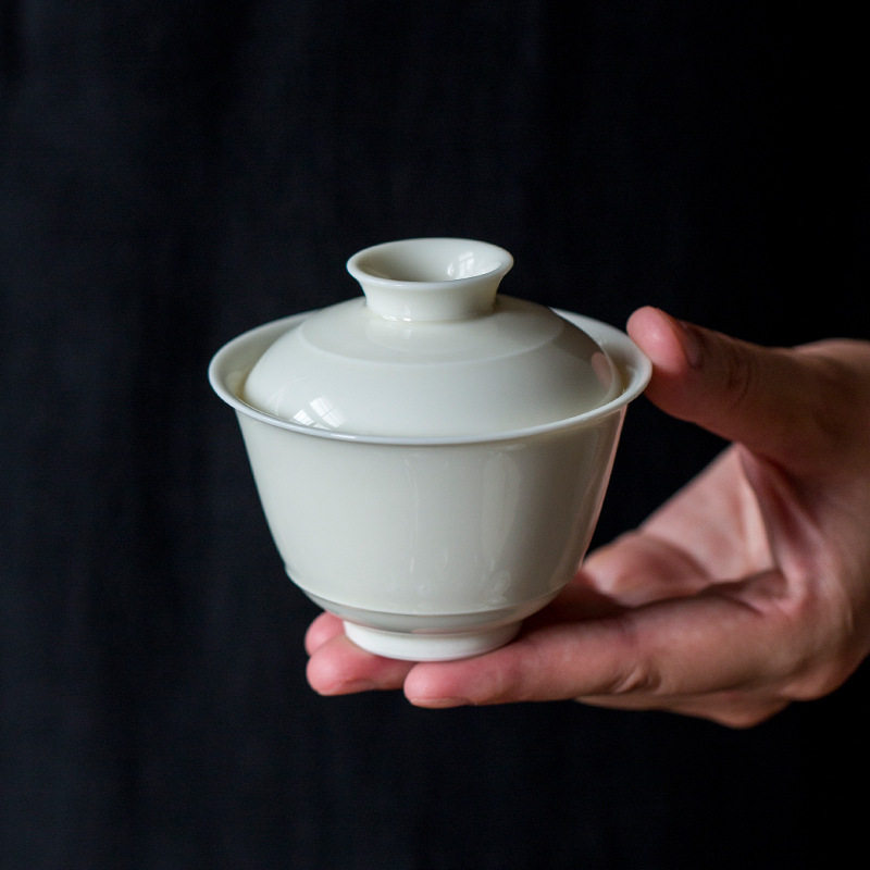 杏白釉手工二才盖碗茶杯防烫家用薄胎单个手抓功夫泡茶碗陶瓷茶具