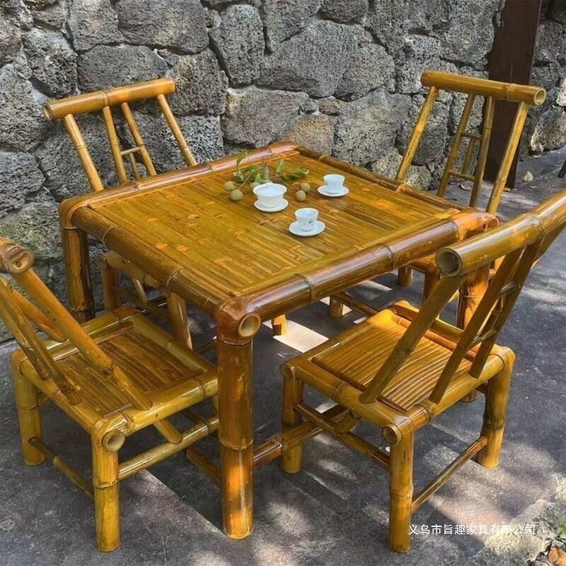 手工竹桌子茶桌碳化餐桌茶几办公家用庭院火锅桌复古凳子竹椅子