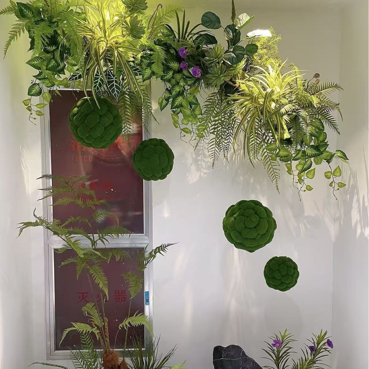 仿真绿植圆球造景组合玄关转角假植物墙橱窗倒挂装饰北欧景观