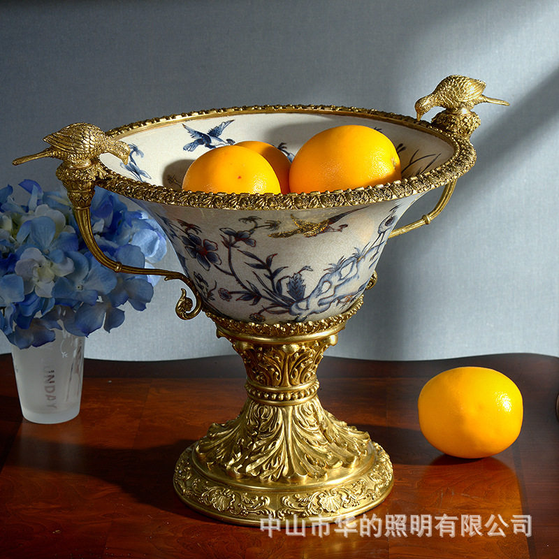 欧式家居高脚双耳果盘茶几配饰水果盆陶瓷纯铜果碗美式古典法式