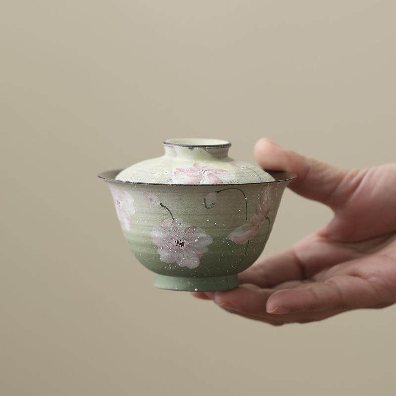 手绘青澜粗陶二才盖碗茶杯单个女士高档泡茶专用茶碗带盖茶具新款