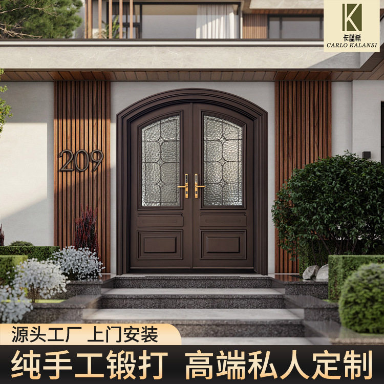 铁艺门 纯手工锻打推拉门 别墅玻璃门源头工厂跨境定制