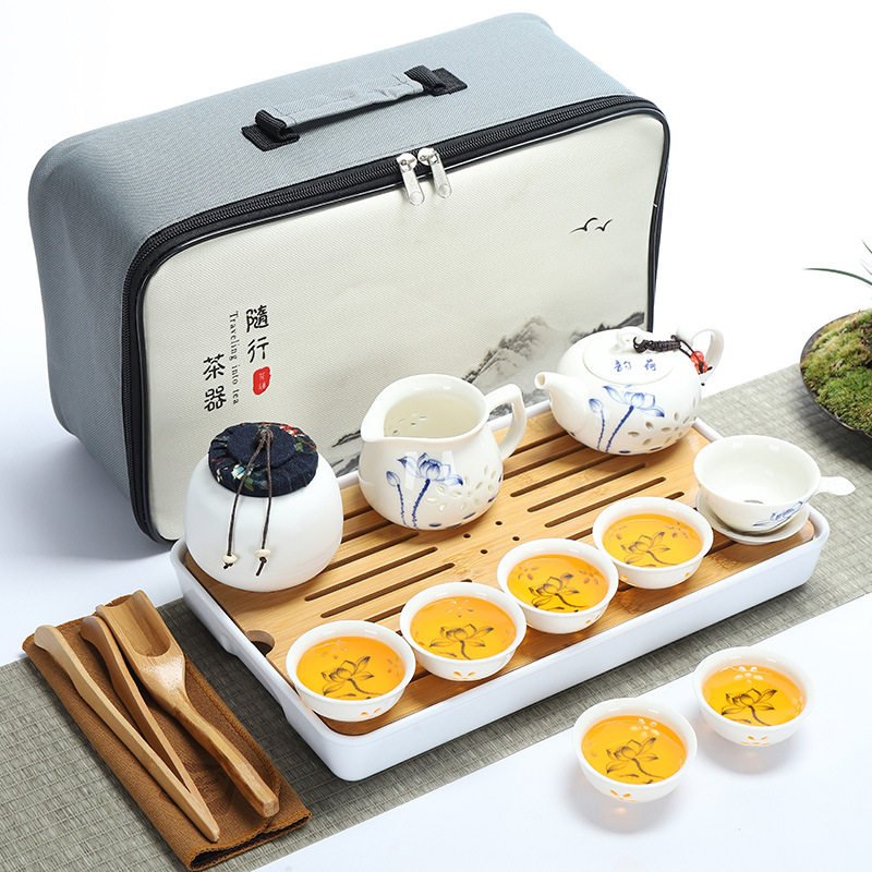 陶瓷旅行茶具套装简约家用功夫泡茶壶茶杯便携式旅游包车载竹茶盘