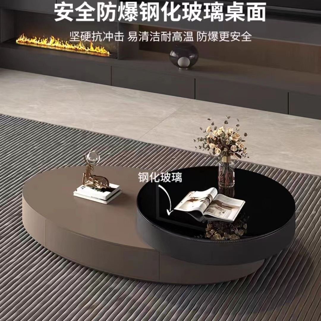 意式极简椭圆形茶几轻奢现代创意设计师客厅上下层旋转茶几家用05