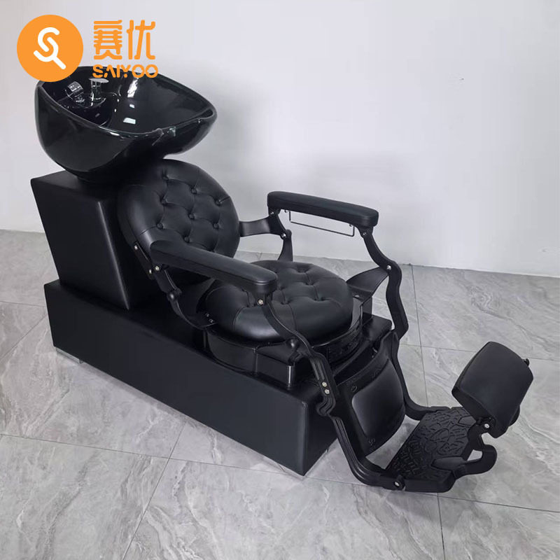国外美发沙龙陶瓷盆洗头床理发店发廊复古美发店半躺式冲水洗头床