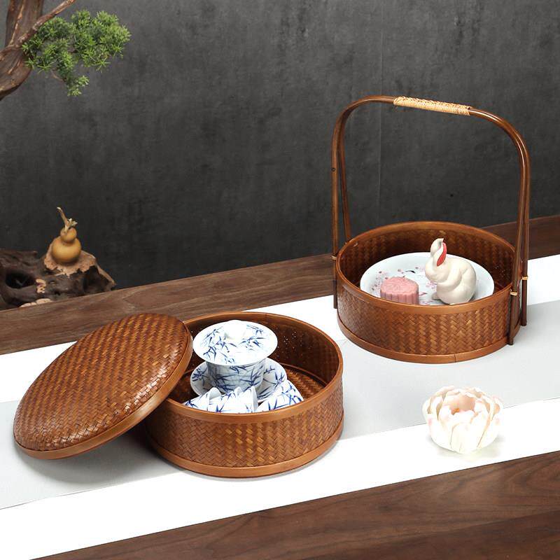古风手提篮竹盒带盖茶具收纳竹编篮子外出野餐食盒中式茶点果篮子