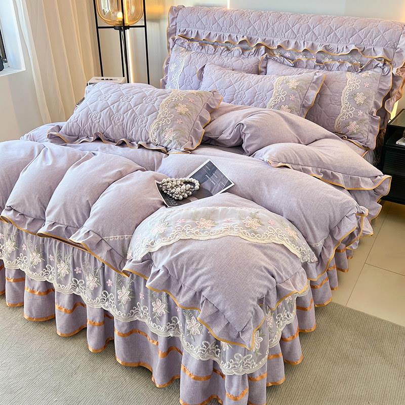 床裙五件套加厚亲肤水洗棉床头罩床罩4件套夹棉床套花边双人被套