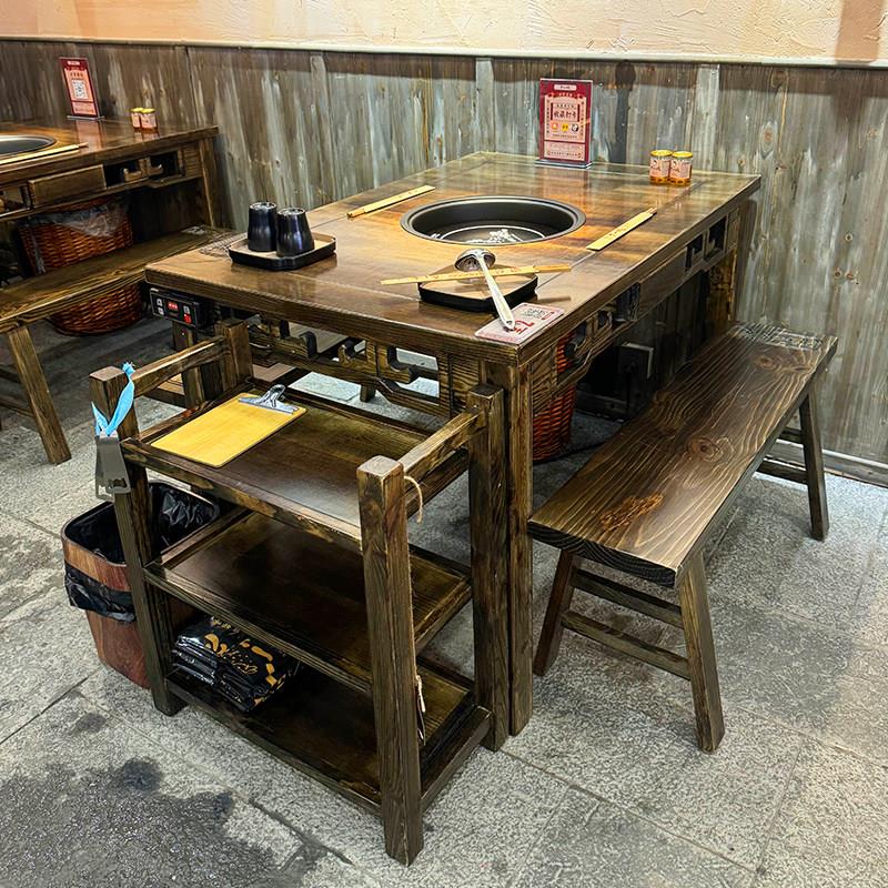 实木大理石火锅桌电磁炉一体砂锅串串烤肉桌子中餐厅桌椅组合商用