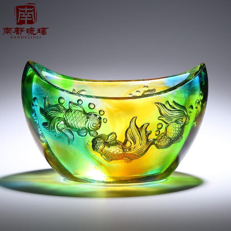 财位风水琉璃工艺礼品摆饰元宝金鱼缸聚宝盆摆件水晶客厅招财装饰