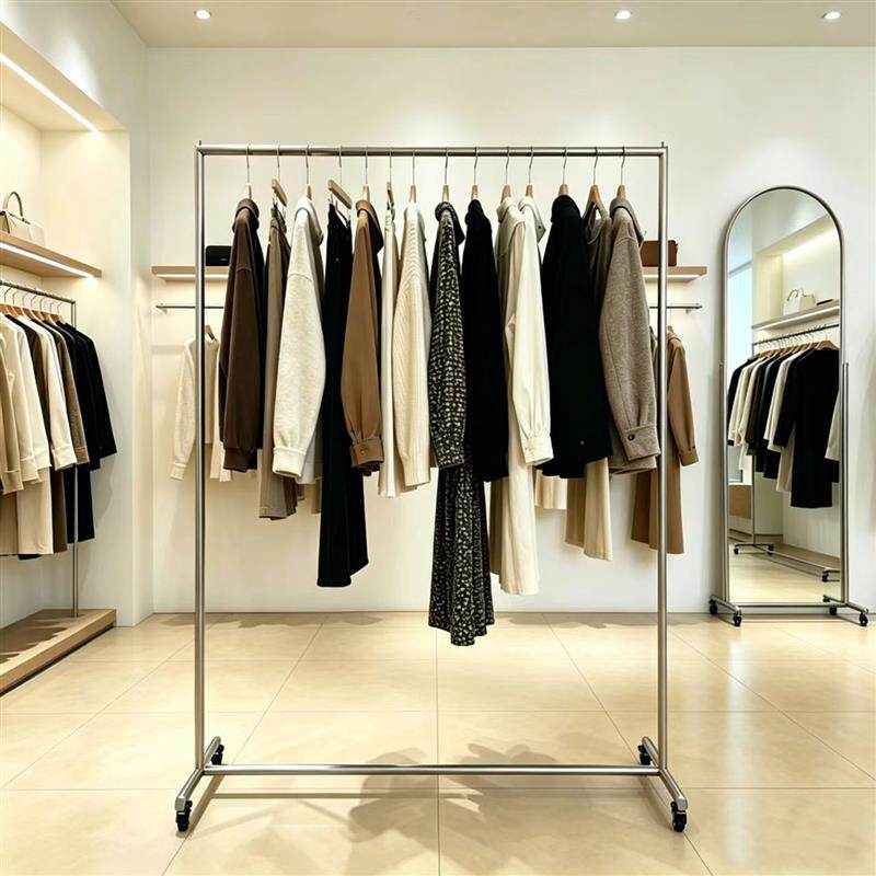 不锈钢服装展示架落地移动式挂衣架女装店货架带轮陈列中岛架简约