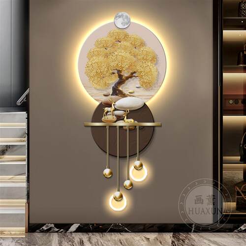 轻奢发财树入户玄关装饰画高档LED带灯发光走廊尽头挂画格栅壁画