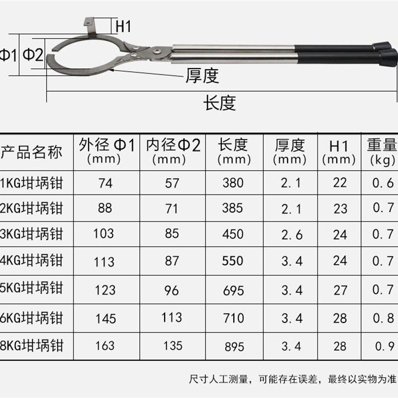 不锈钢坩埚钳适用于夹石墨石英坩埚套件高温火钳1-3KG套件夹钳
