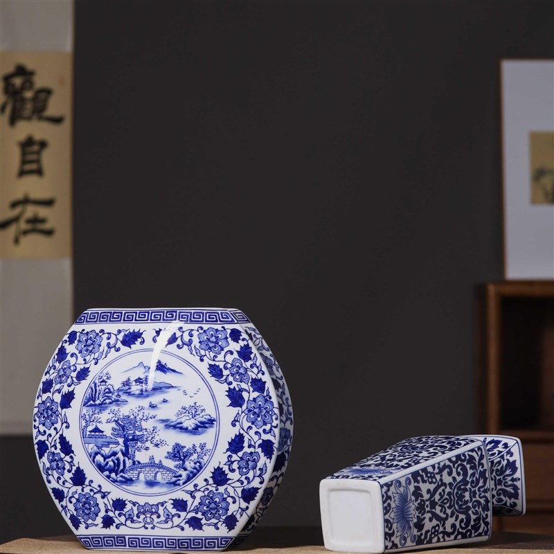 青花瓷将军罐大号陶瓷仿古中式景德镇客厅插干花瓶家居装饰品摆件