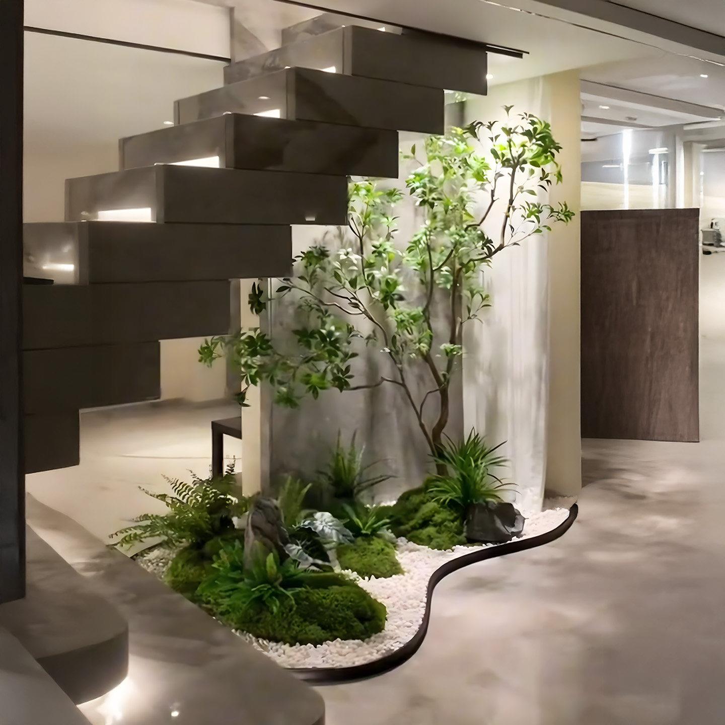 模拟绿色植物造景组合楼梯场景装饰室内角落布置假树景观植物装饰