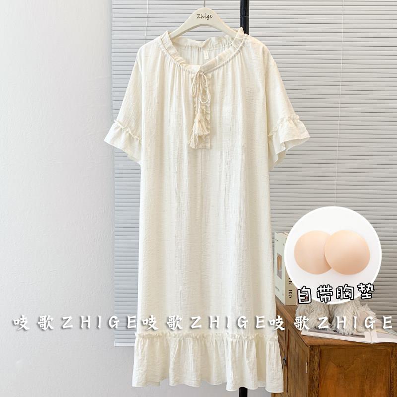 棉麻短袖睡裙女睡衣夏季小个子带胸垫大码可爱宽松夏天薄款家居服