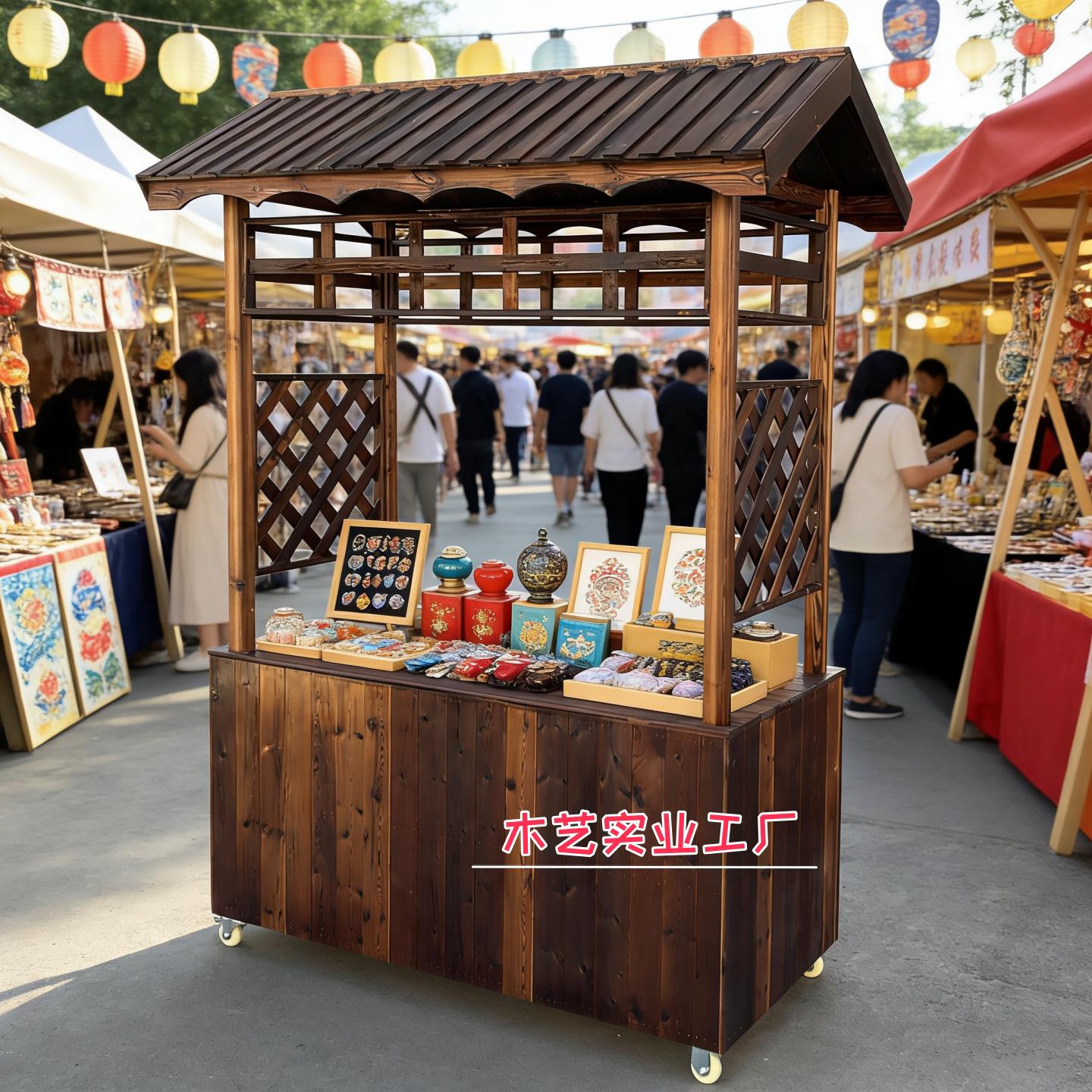 仿古摆摊车防腐木售货亭小吃商超促贩卖展柜文创市集花车外摆餐车